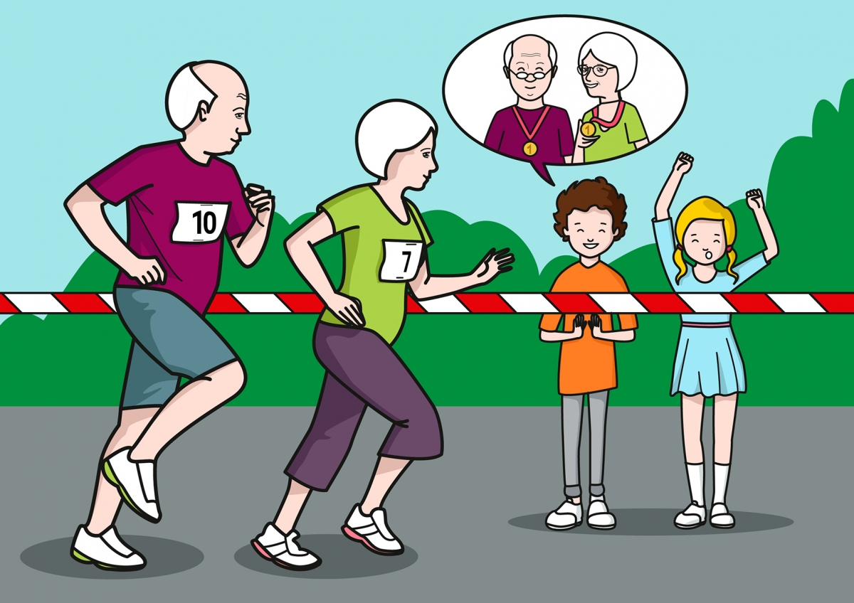 Los niños animan a los abuelos en la carrera