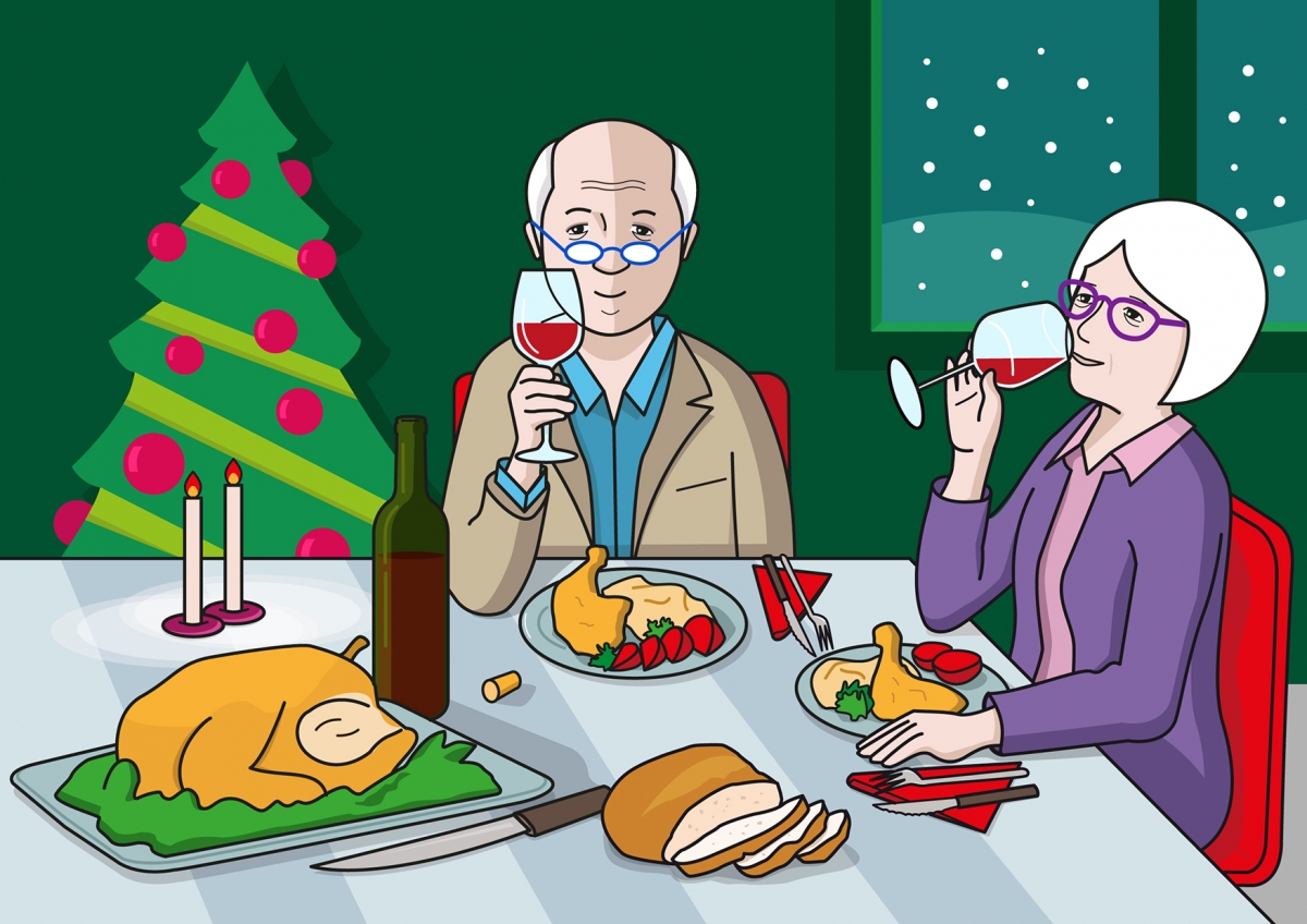 En la escena, se observa a dos personas mayores cenando en el día de fin de año. Las dos personas están con la copa de vino bebiendo. Se observan también alimentos, bebidas y utensilios relacionados con la cena. La habitación está decorada con un árbol de Navidad. A través de la ventana, observamos que está nevando.