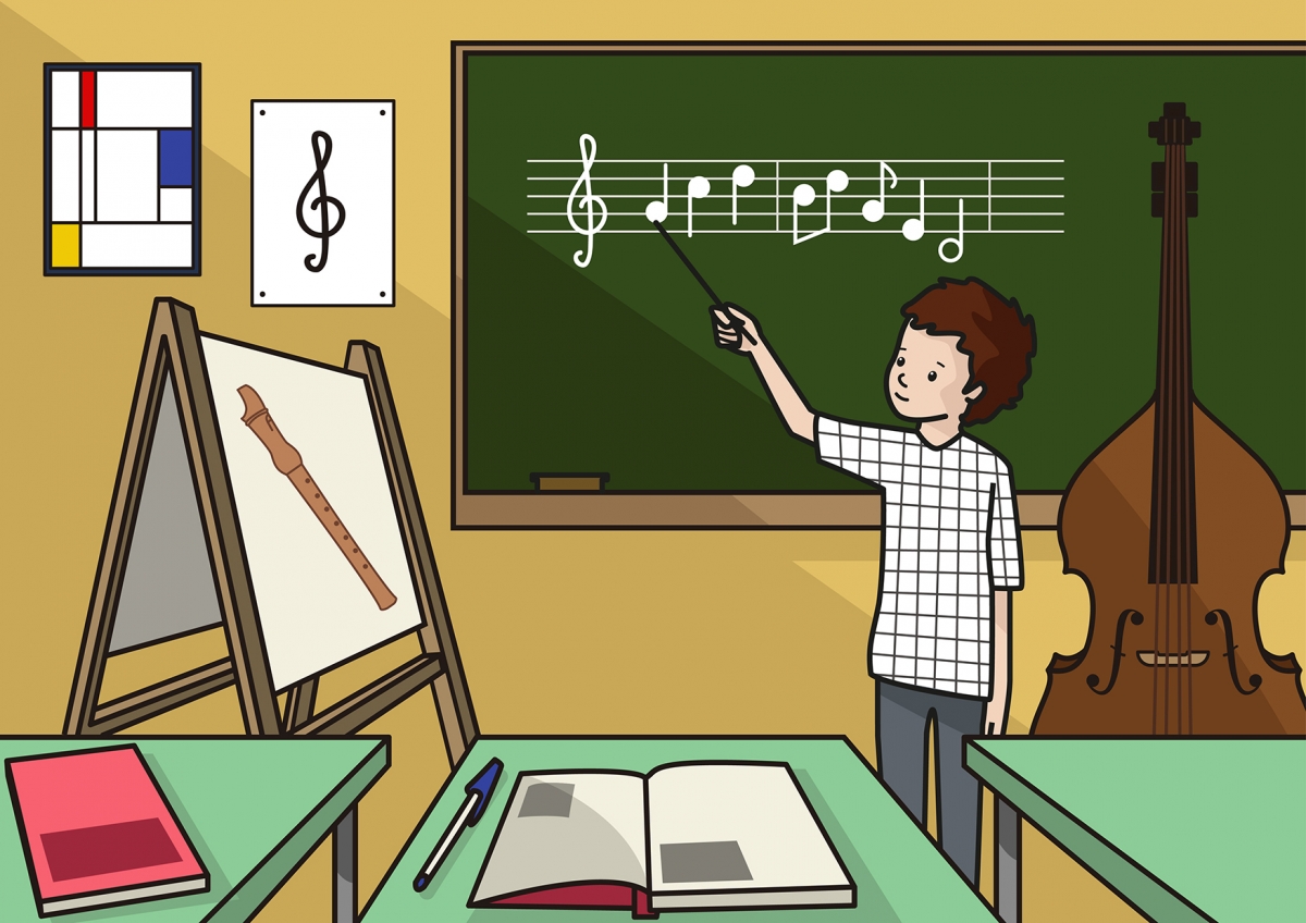 El niño está en la clase de música