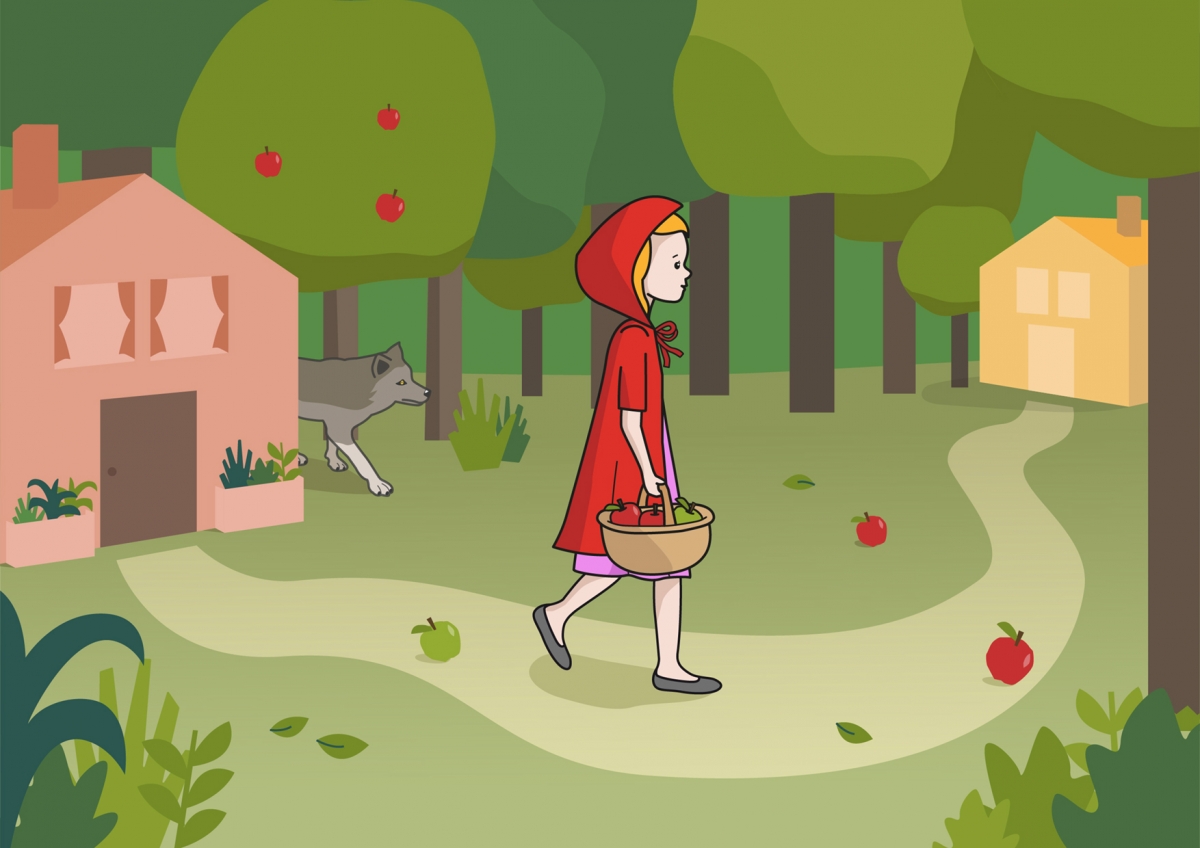 Ilustración en la que aparece Caperucita Roja camino de la casa de su abuela
