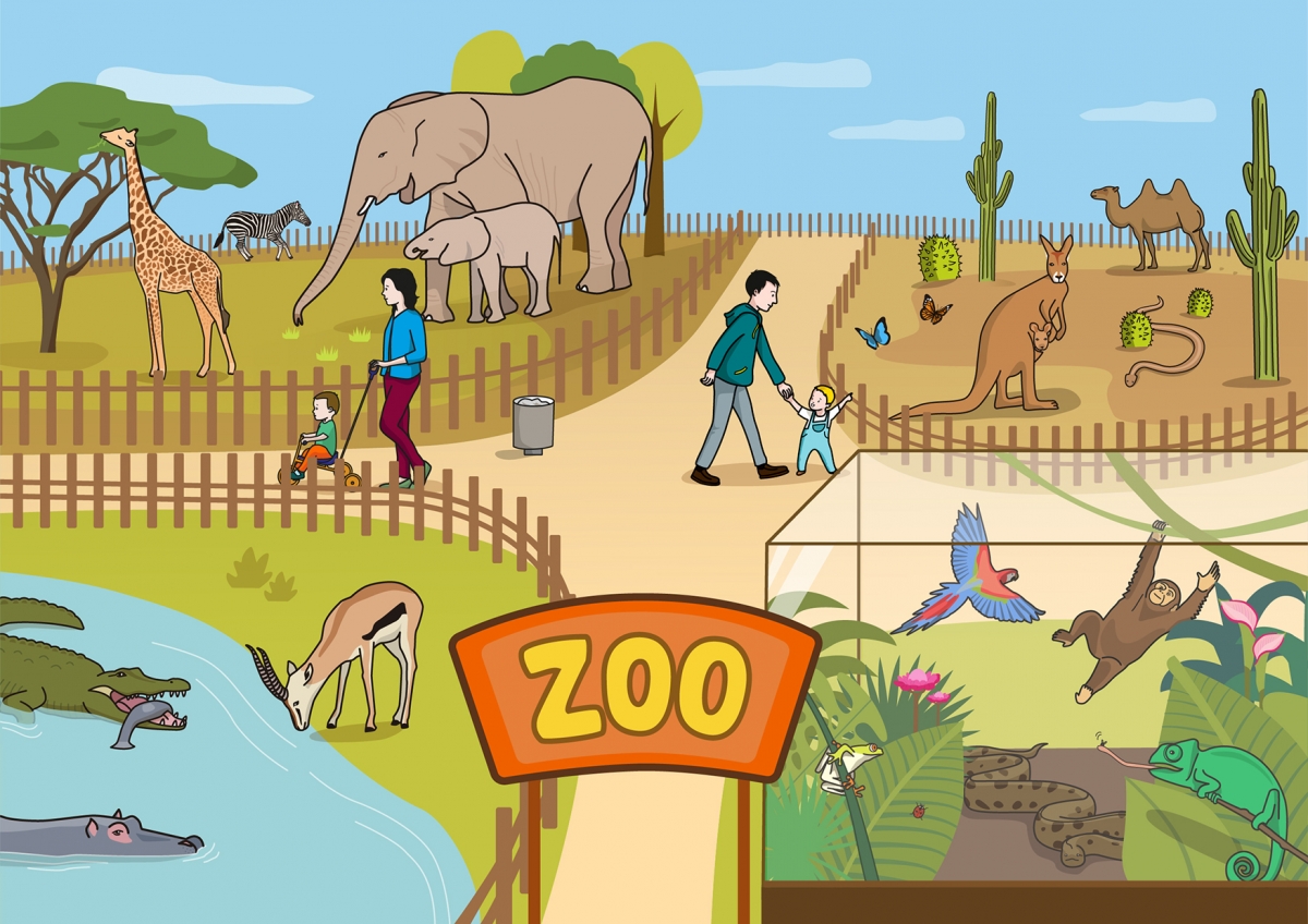 Escena en la que se ve un zoológico y sus animales