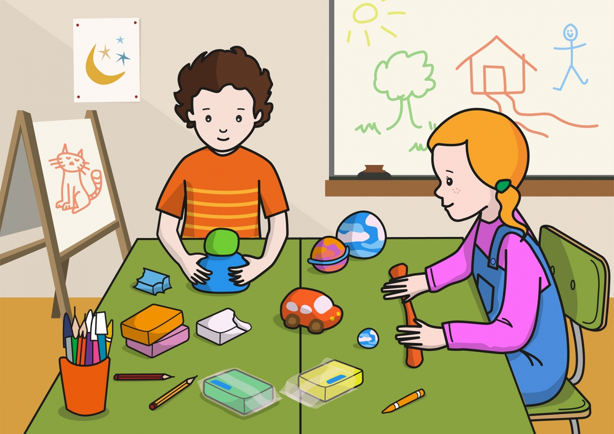 Escena en la que se ven dos niños haciendo formas con la plastilina