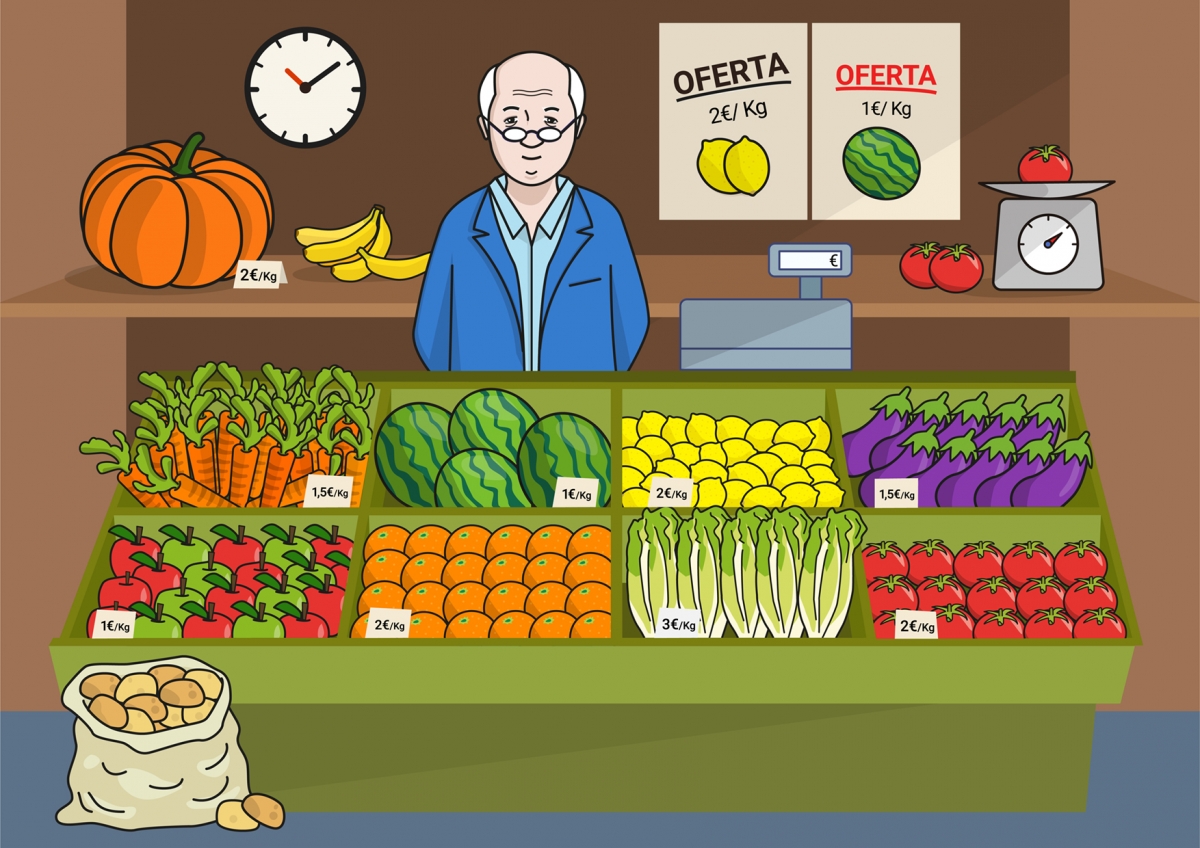 Imagen de una frutería y verdulería con el vendedor y el mostrador con frutas y verduras