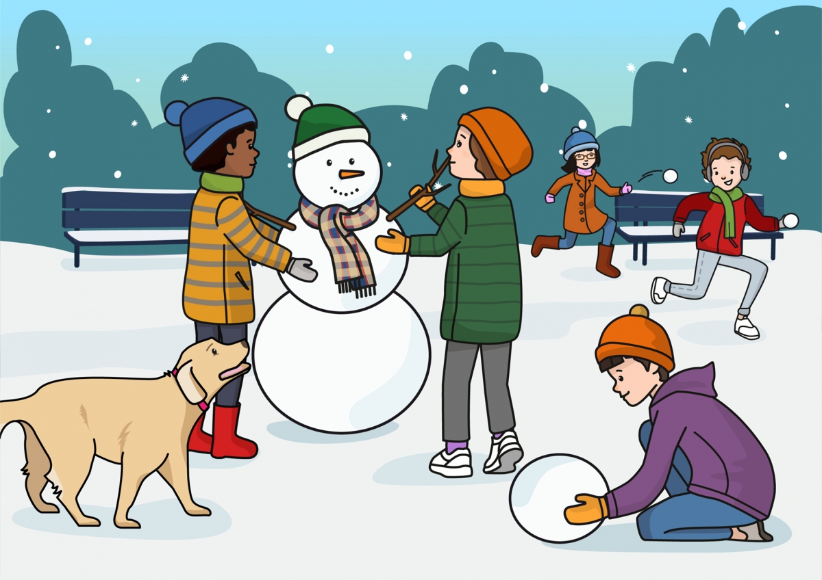 Unos niños están haciendo un muñeco de nieve mientras otros se tiran bolas