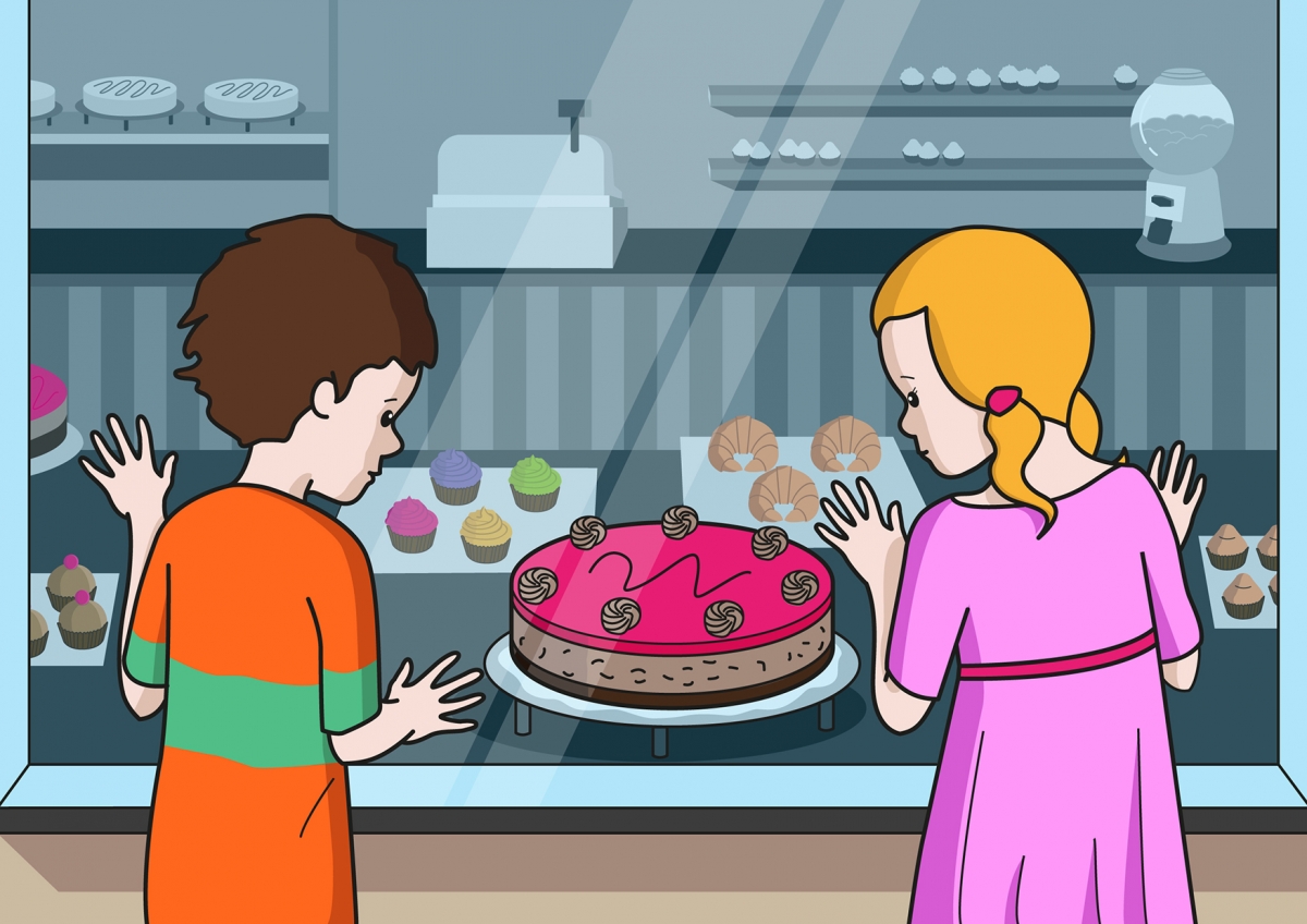 En la escena, se observa a un niño y a una niña mirando una tarta con las manos apoyadas en el escaparate de la pastelería.