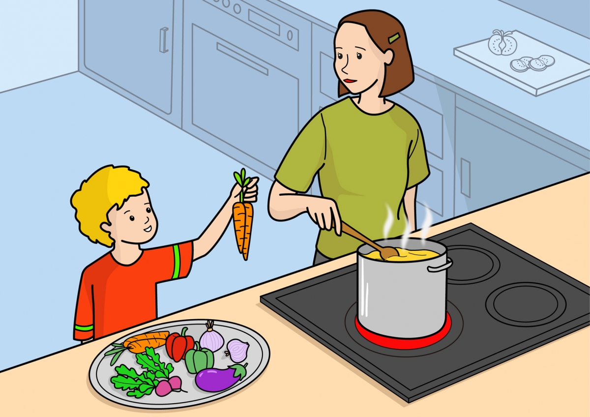 Imagen en la que se ve a una mamá cocinando una sopa y un niño que le ayuda