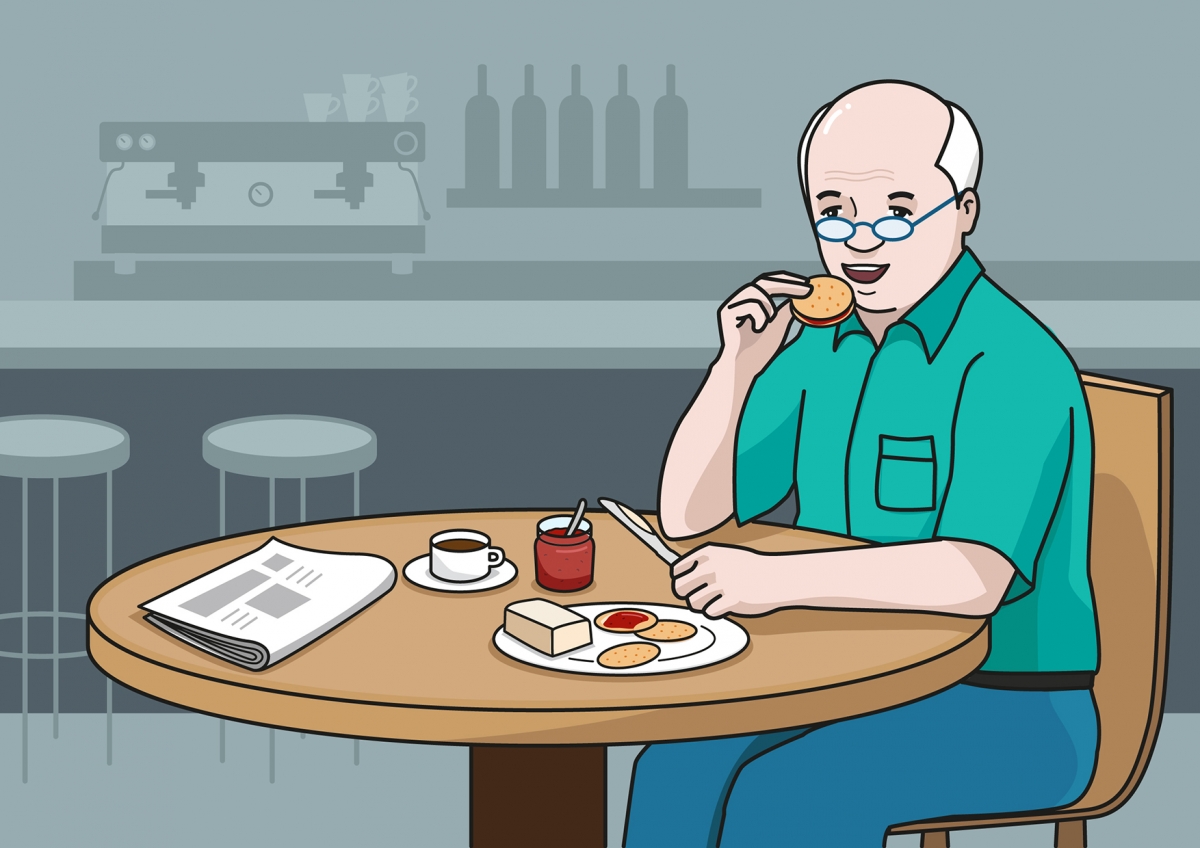En la escena, se observa a una persona mayor comiendo una galleta, untada con mermelada y mantequilla, en la mesa de un bar. 