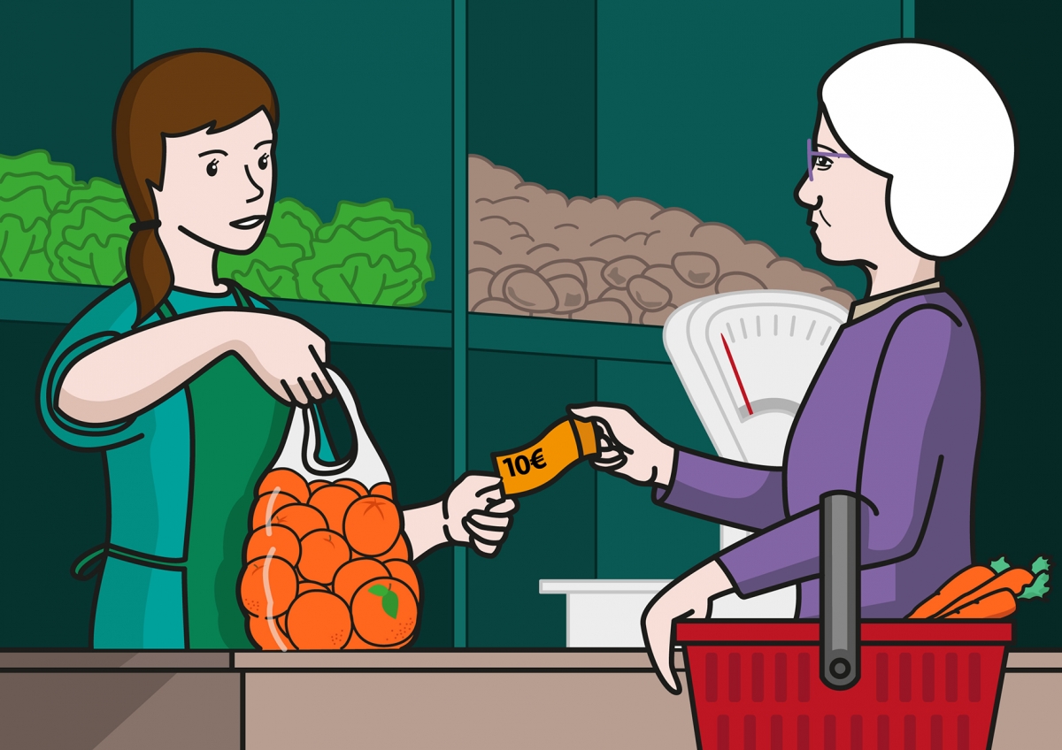 En la escena, se observa a una señora mayor comprando naranjas y efectuando el pago. La verdulera le entrega la bolsa de naranjas y estira la mano para recoger el dinero.