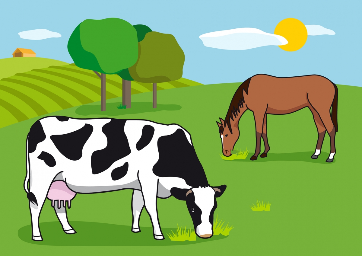 En la escena, se observa a una vaca y a un caballo comiendo hierba en el campo.