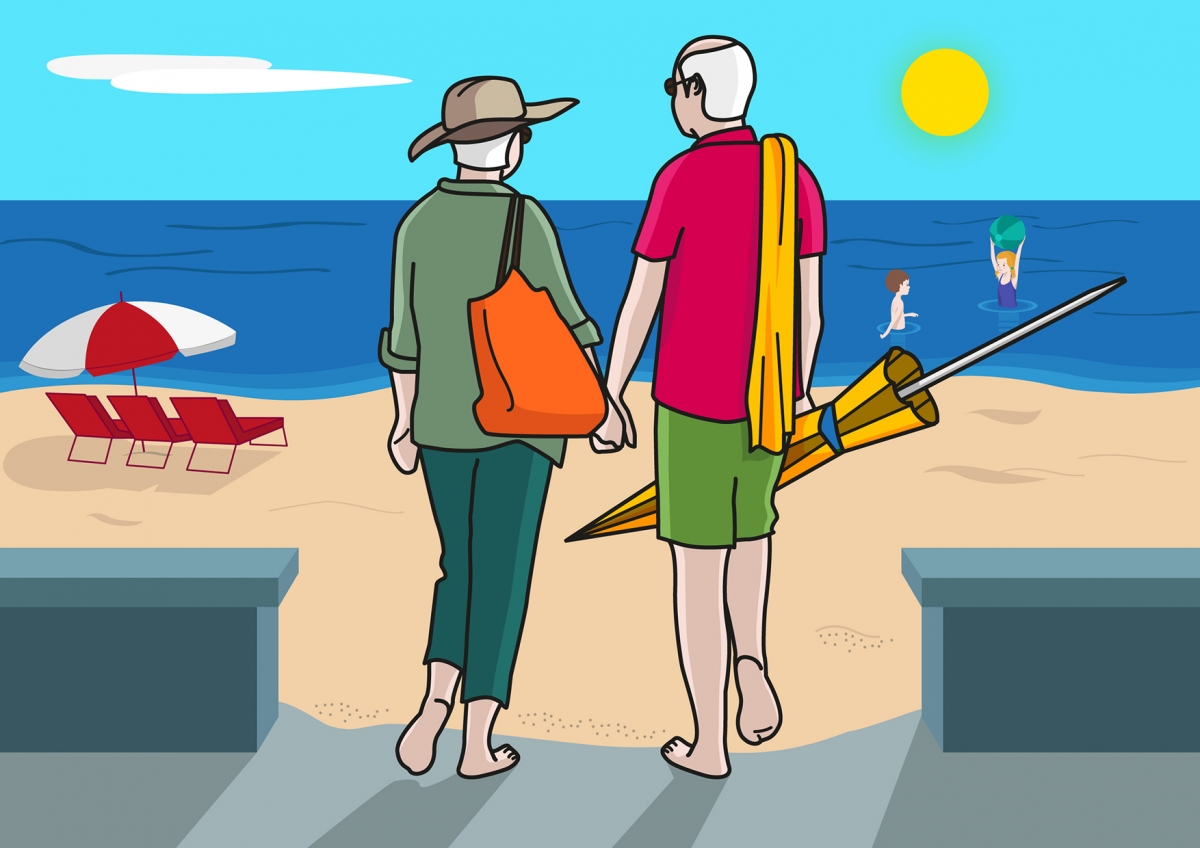En la escena, se observa a dos personas mayores, cogidas de la mano, dirigiéndose hacia la playa.