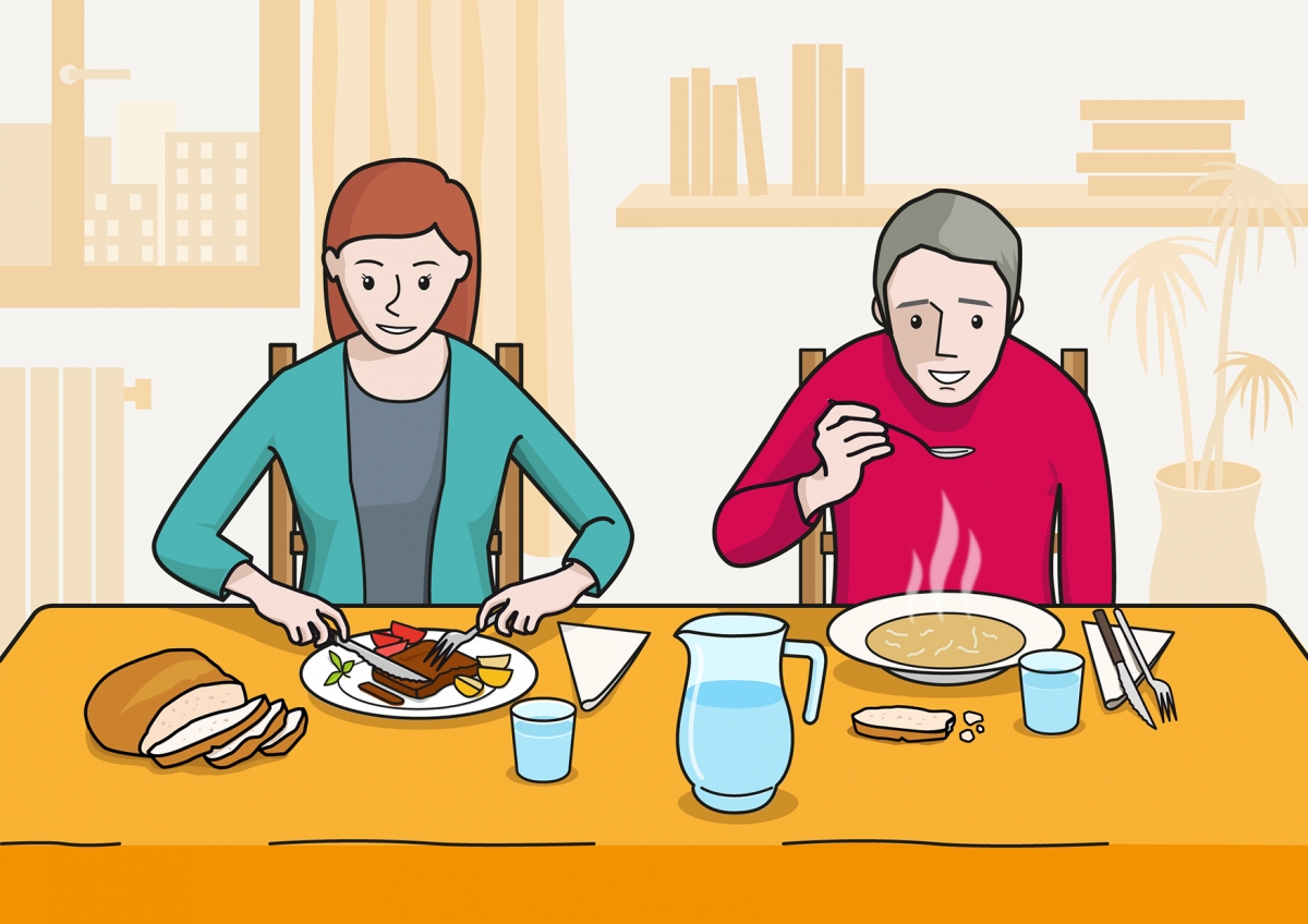 En la escena, se observa a dos personas sentadas en la mesa y comiendo en el comedor de su casa. La madre esta comiendo un trozo de carne y el padre está comiendo sopa calente.