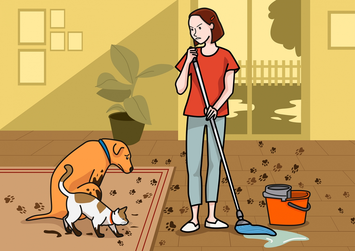 Escena en la que una mamá sale fregando el suelo