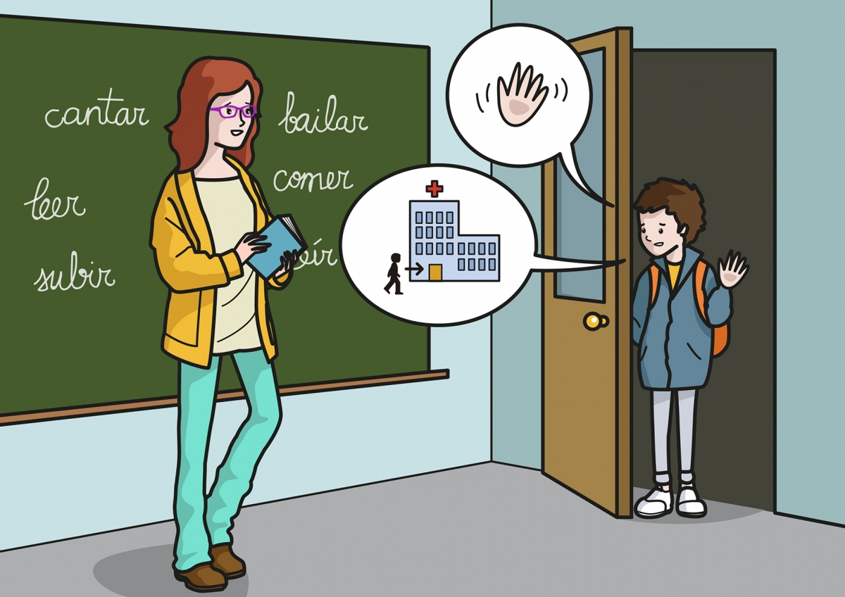 El niño saluda a la profesora