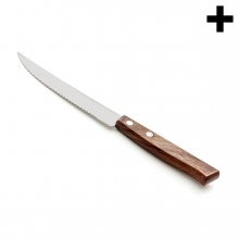 Imagen en la que se ve un cuchillo de sierra con mango de madera en perspectiva diagonal