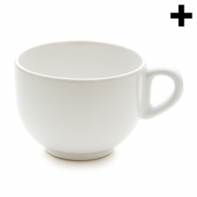 Imagen en la que se ve una taza de cerámica blanca en perspectiva lateral