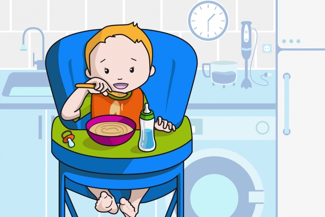 Lámina en la que se observa a un bebé comiendo puré con la cuchara en la cocina de su casa.