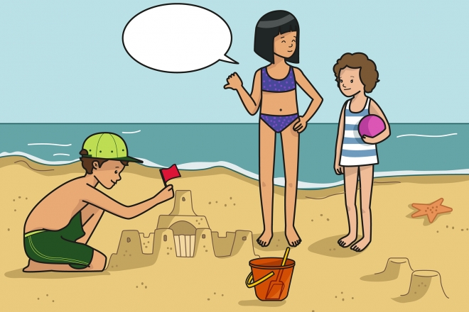 Una niña invita a otra a jugar en la playa
