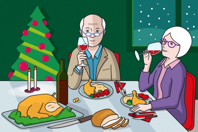 En la escena, se observa a dos personas mayores cenando en el día de fin de año. Las dos personas están con la copa de vino bebiendo. Se observan también alimentos, bebidas y utensilios relacionados con la cena. La habitación está decorada con un árbol de Navidad. A través de la ventana, observamos que está nevando.