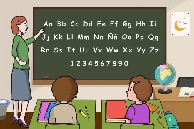 Imagen en la que una profesora está enseñando el abecedario en clase