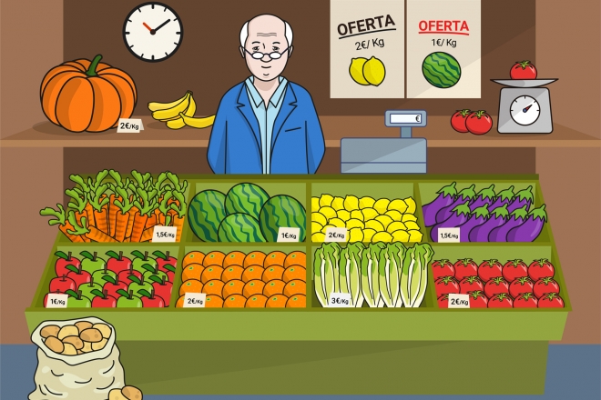 Imagen de una frutería y verdulería con el vendedor y el mostrador con frutas y verduras
