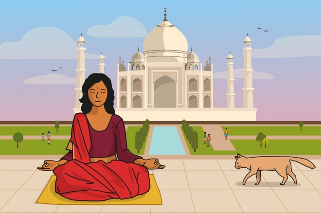 Una chica hace yoga frente al Taj Mahal en India