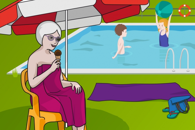 En la lámina, se observa a una persona mayor, sentada en una silla de la piscina, comiendo un helado de chocolate. Al fondo, un niño y una niña juegan a la pelota dentro de la piscina.