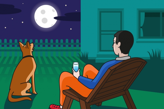 En la escena, se observa a un padre y a su perro mirando la Luna desde el jardín de su casa.