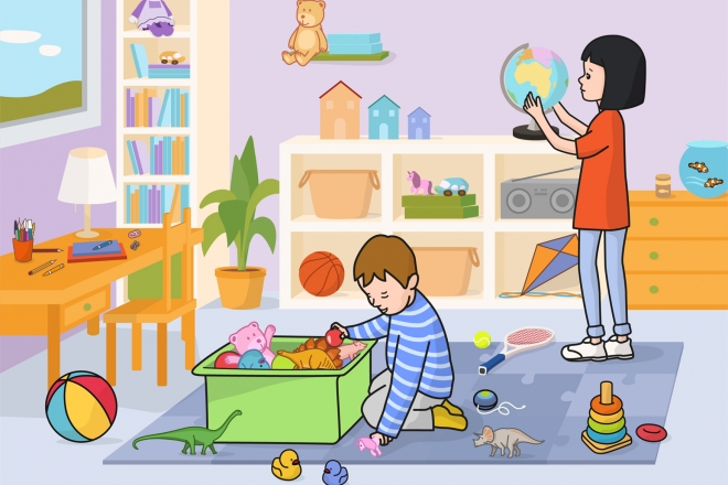 Los niños recogen los juguetes en el cuarto