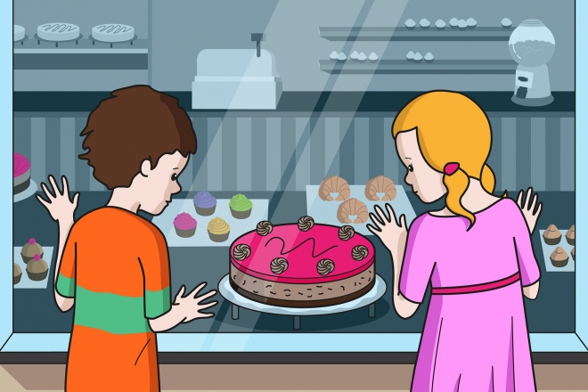 En la escena, se observa a un niño y a una niña mirando una tarta con las manos apoyadas en el escaparate de la pastelería.