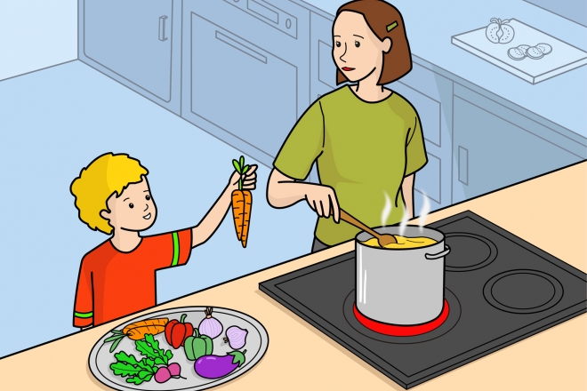Imagen en la que se ve a una mamá cocinando una sopa y un niño que le ayuda