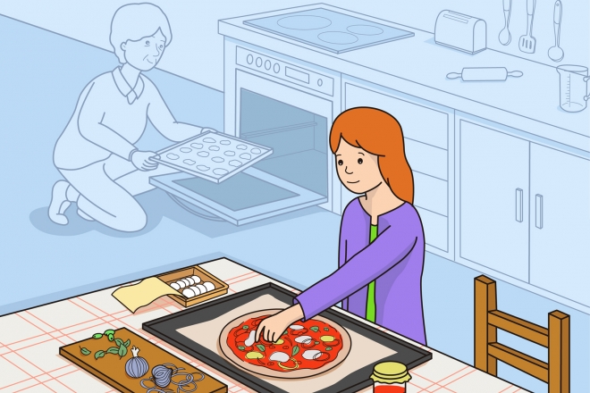 Imagen en la que se ve a una niña preparando una pizza y la abuela metiendo unas galletas al horno