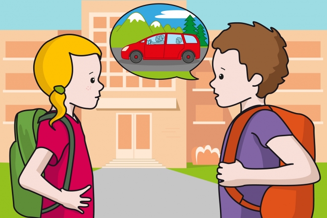 En la escena, se observa a dos niños hablando en la puerta del colegio. El niño le cuenta a la niña el viaje que ha realizado con sus padres a la montaña durante el fin de semana.