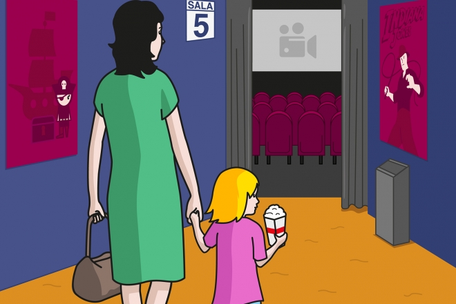 En la escena, se observa a una niña cogida de la mano de su madre dirigiéndose hacia una sala de cine.