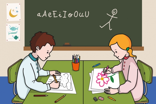 El niño dibuja un árbol y la niña pinta una flor