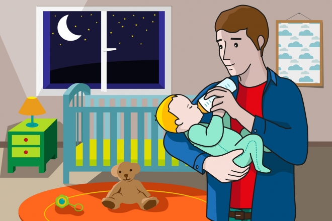 En la escena, se observa a un bebé bebiendo leche del biberón que le ofrece su padre. La escena se produce por la noche en la habitación del bebé.